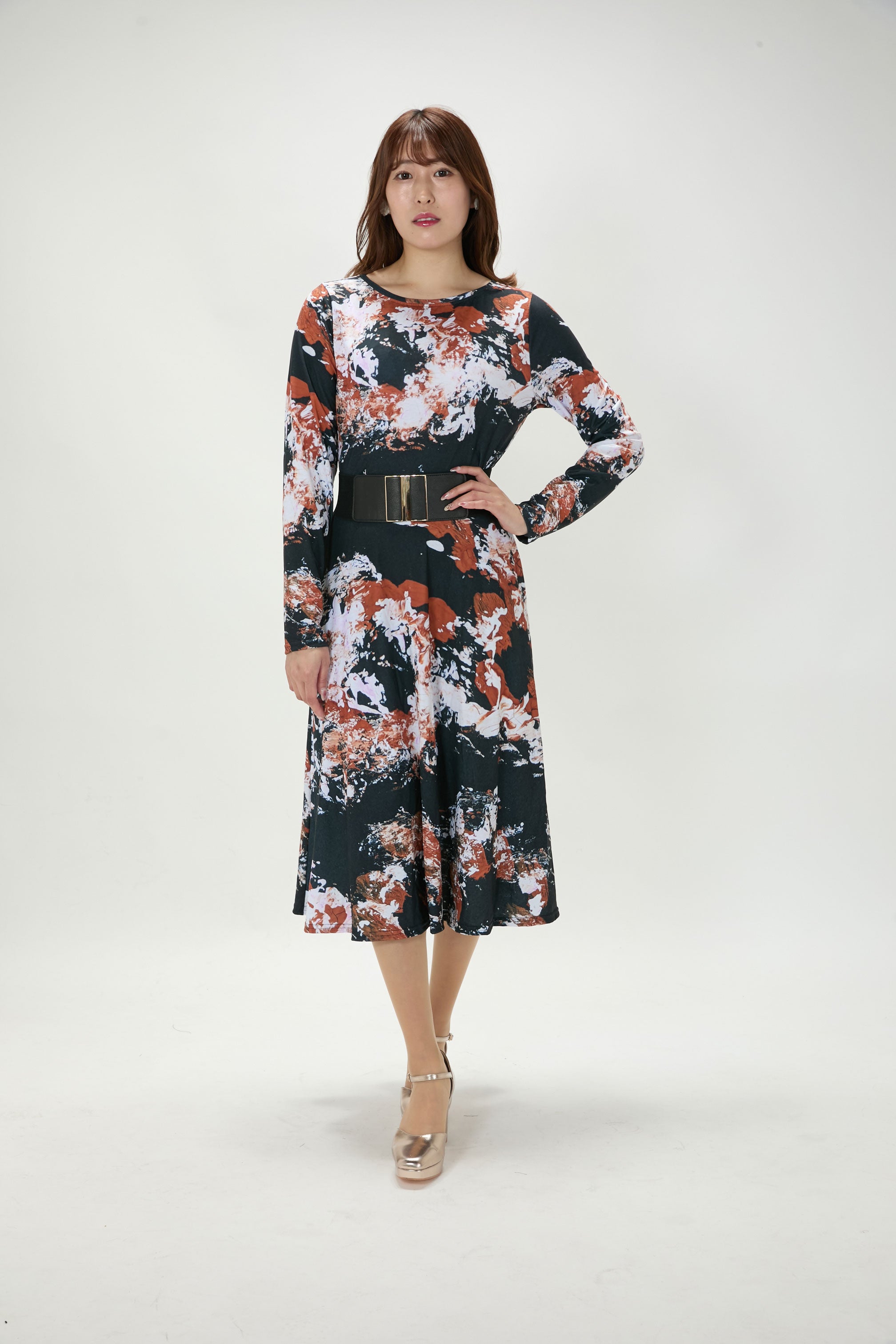 All-over print long sleeve midi dress