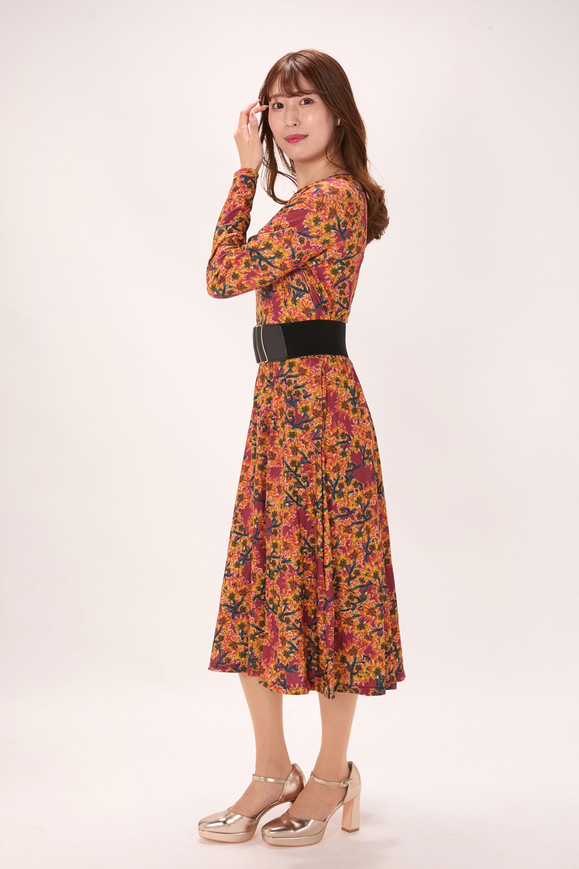 All-over print long sleeve midi dress