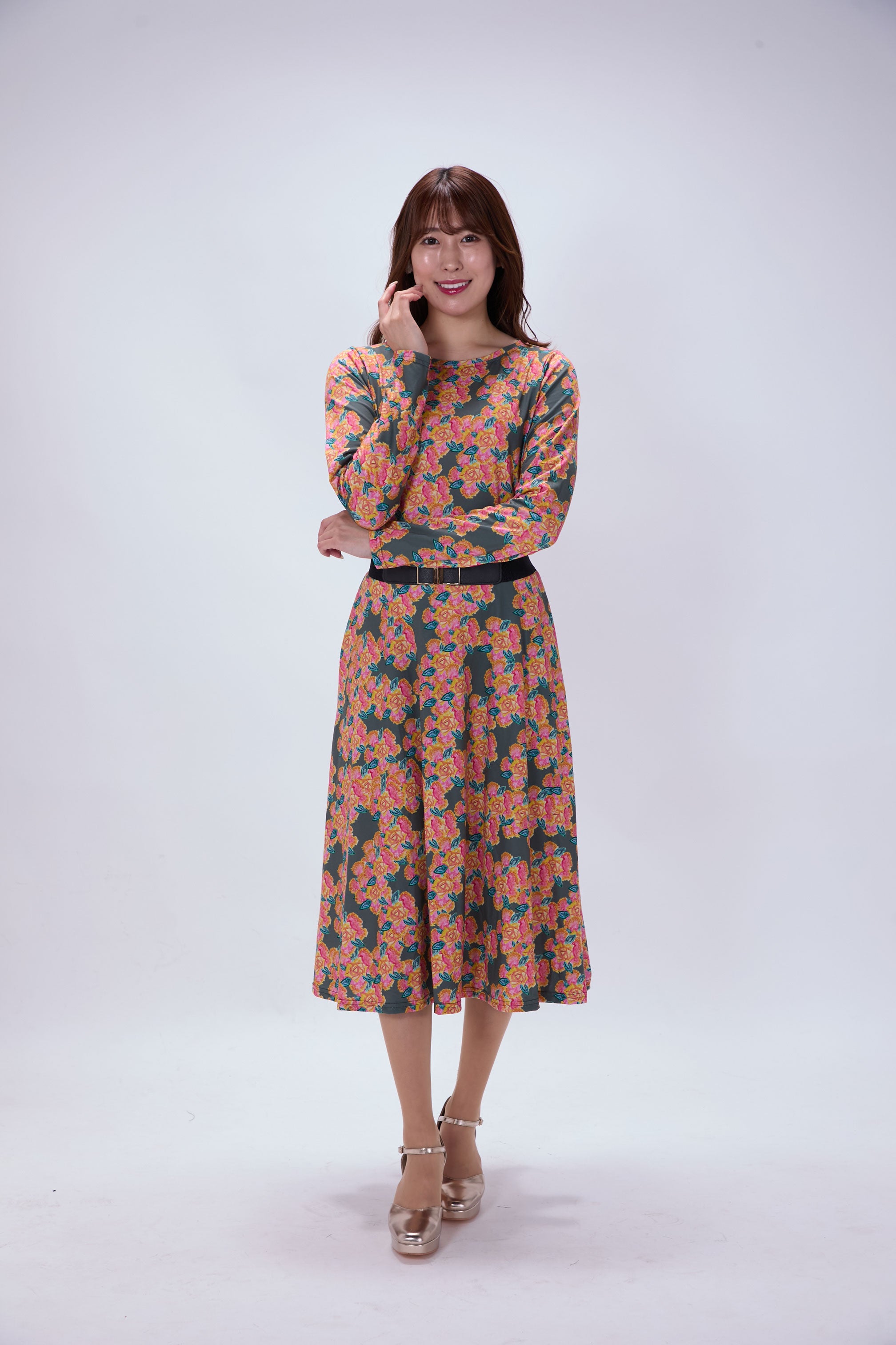 All-over print long sleeve midi dress