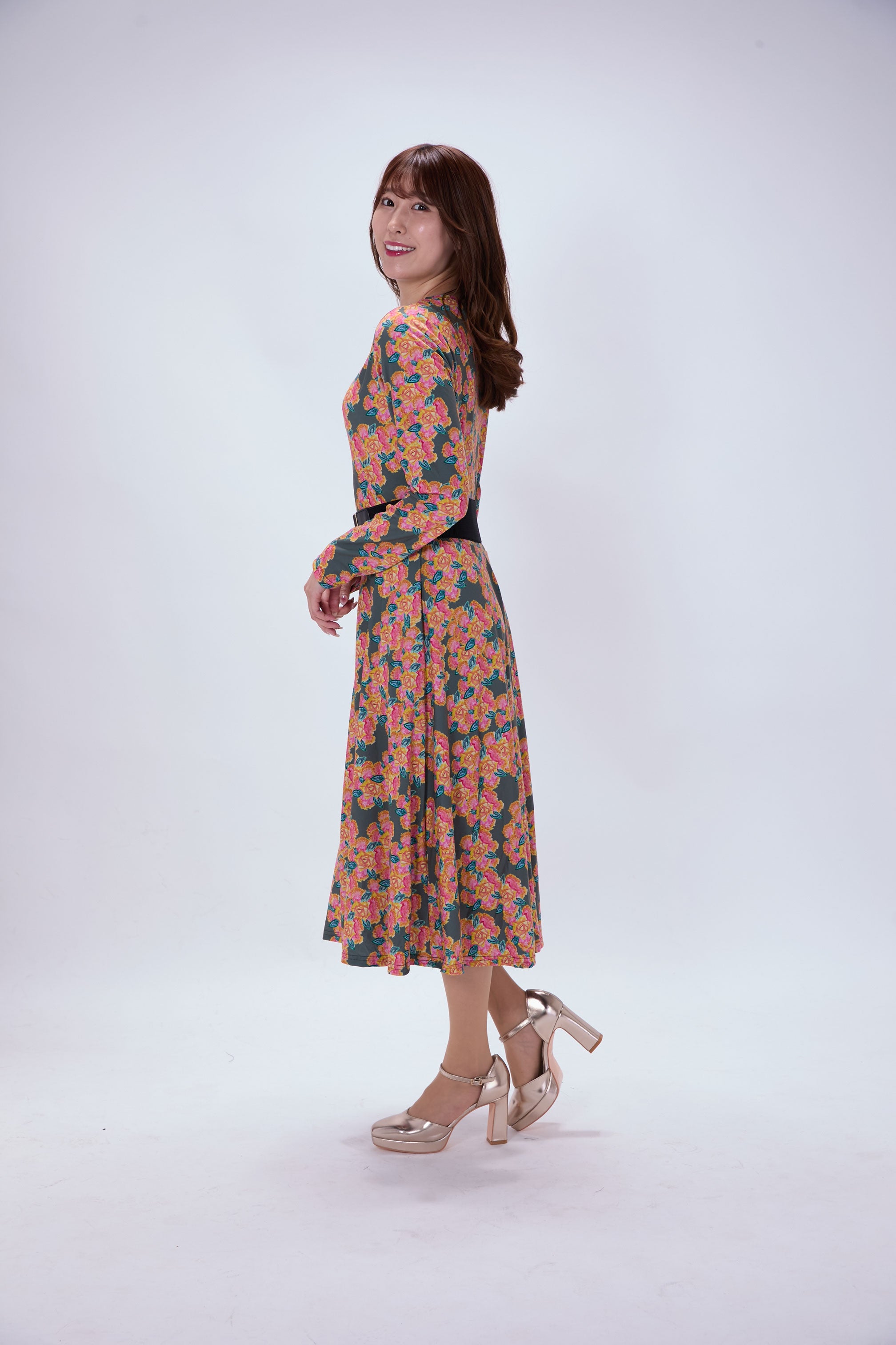 All-over print long sleeve midi dress