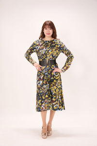 All-over print long sleeve midi dress