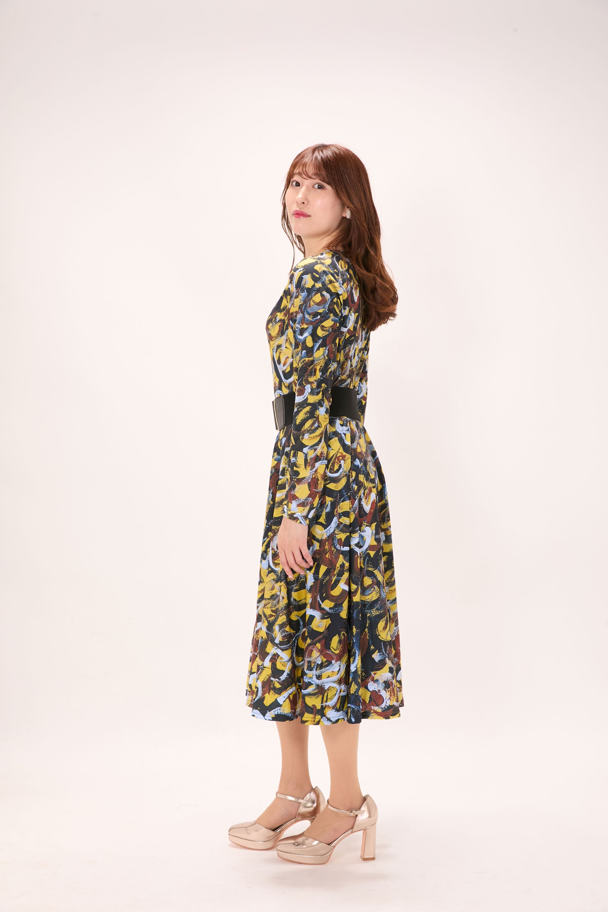 All-over print long sleeve midi dress