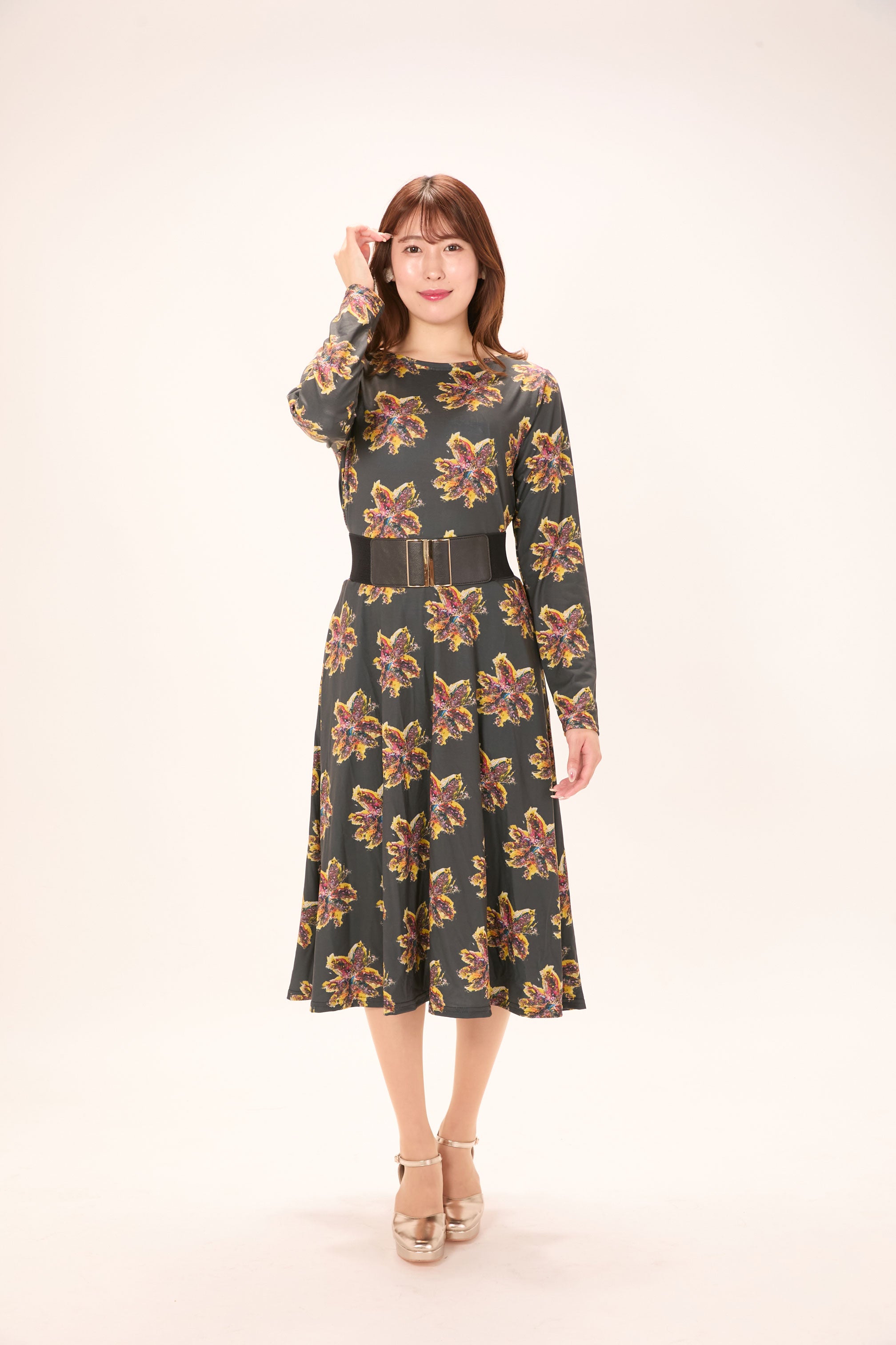 All-over print long sleeve midi dress