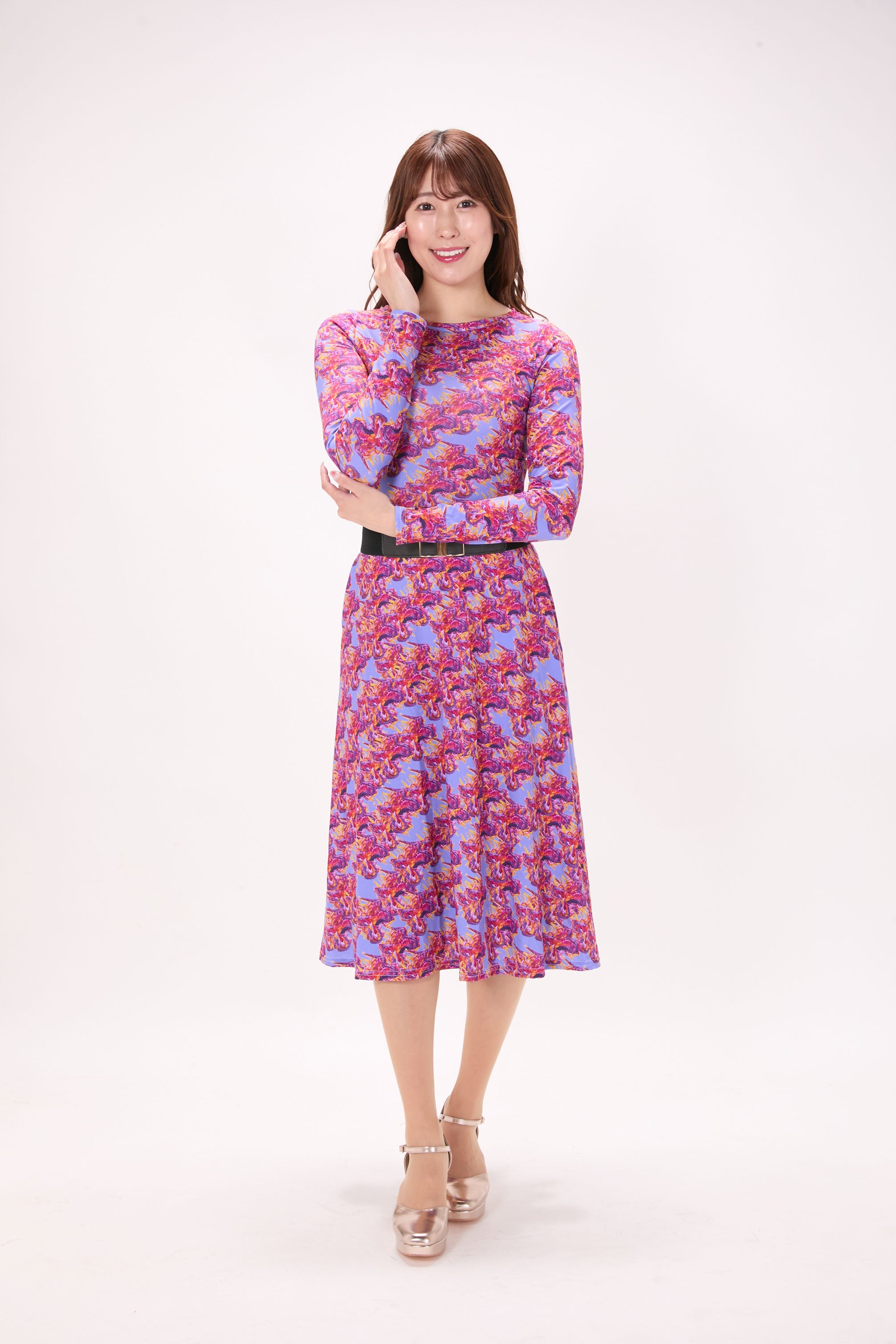 All-over print long sleeve midi dress
