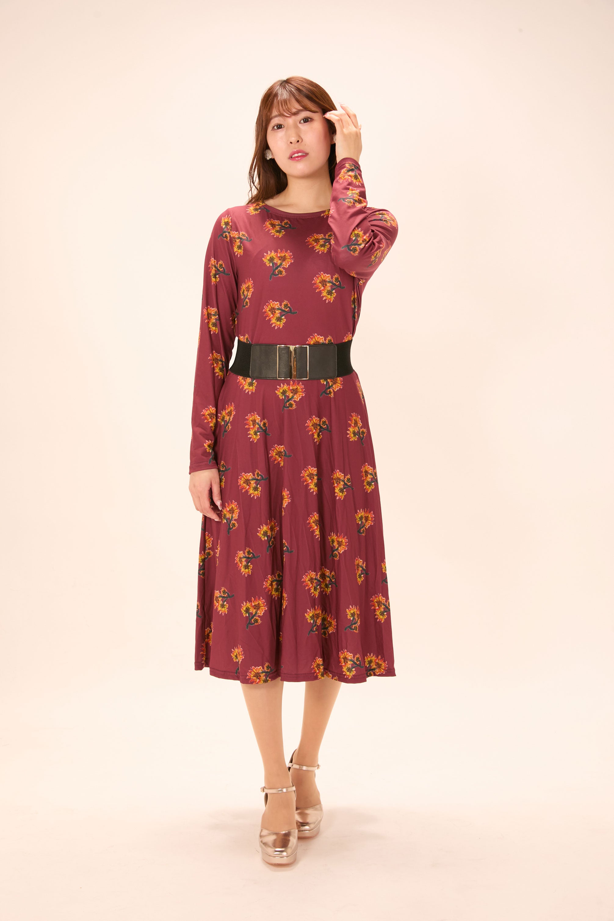 All-over print long sleeve midi dress