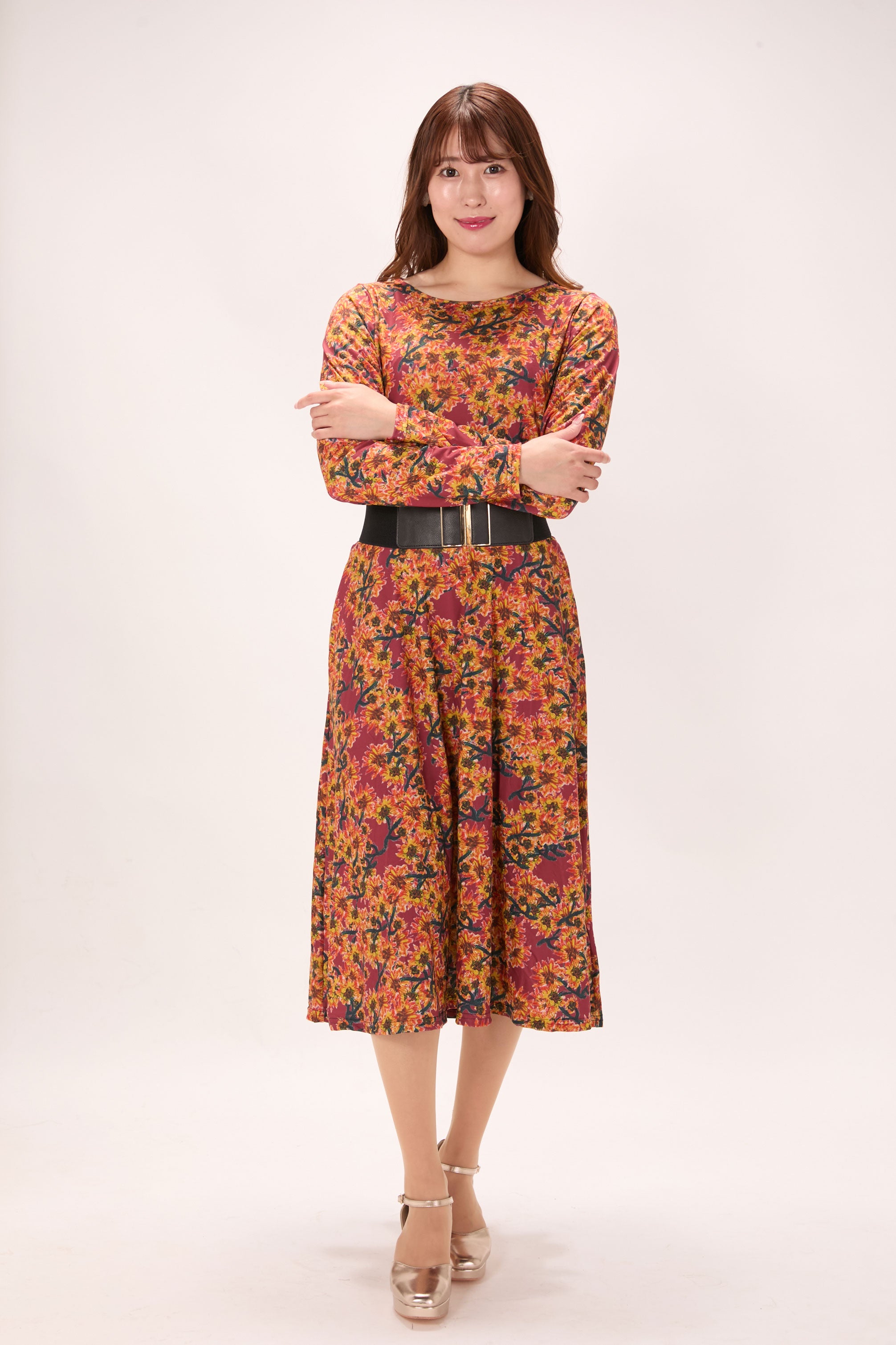 All-over print long sleeve midi dress