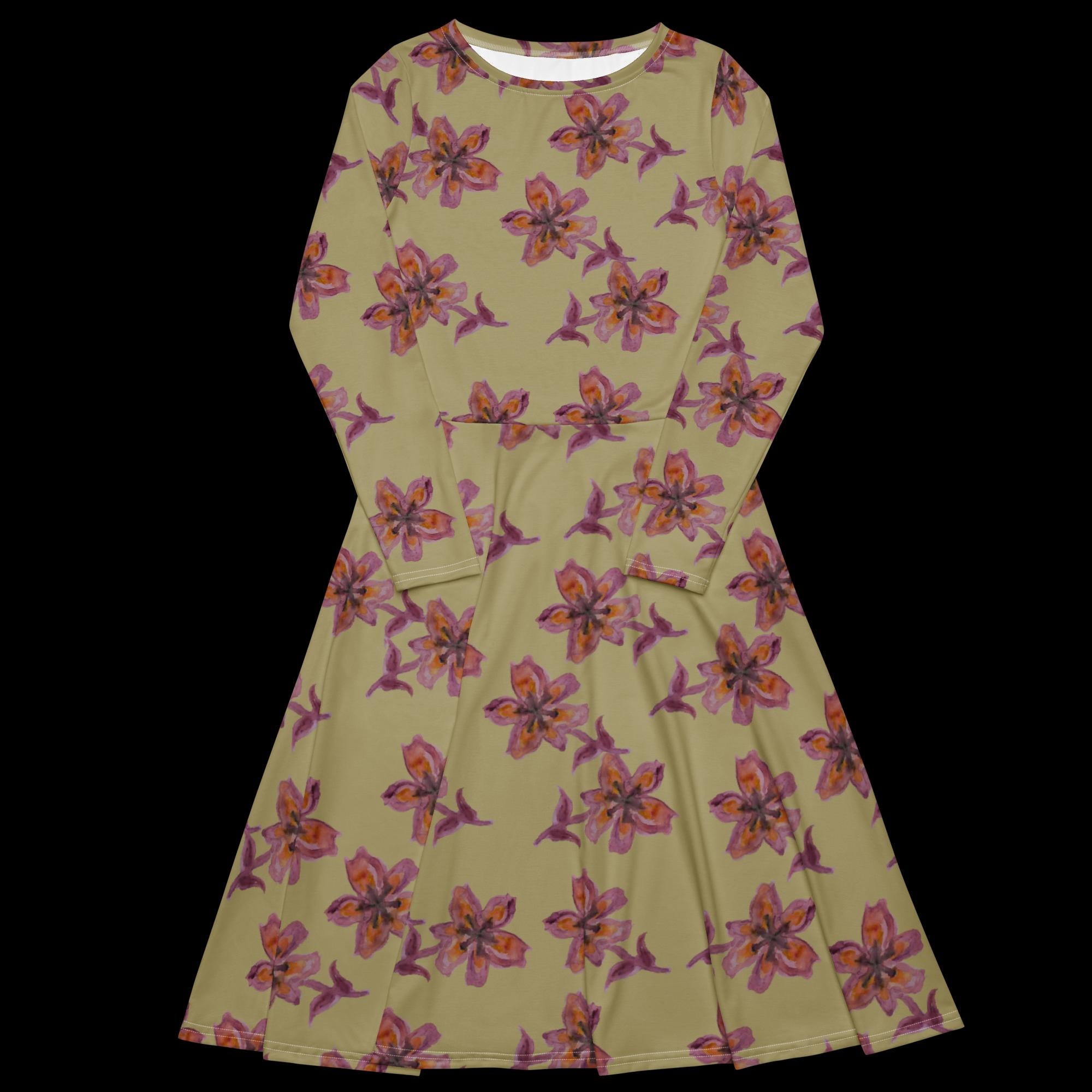 All-over print long sleeve midi dress