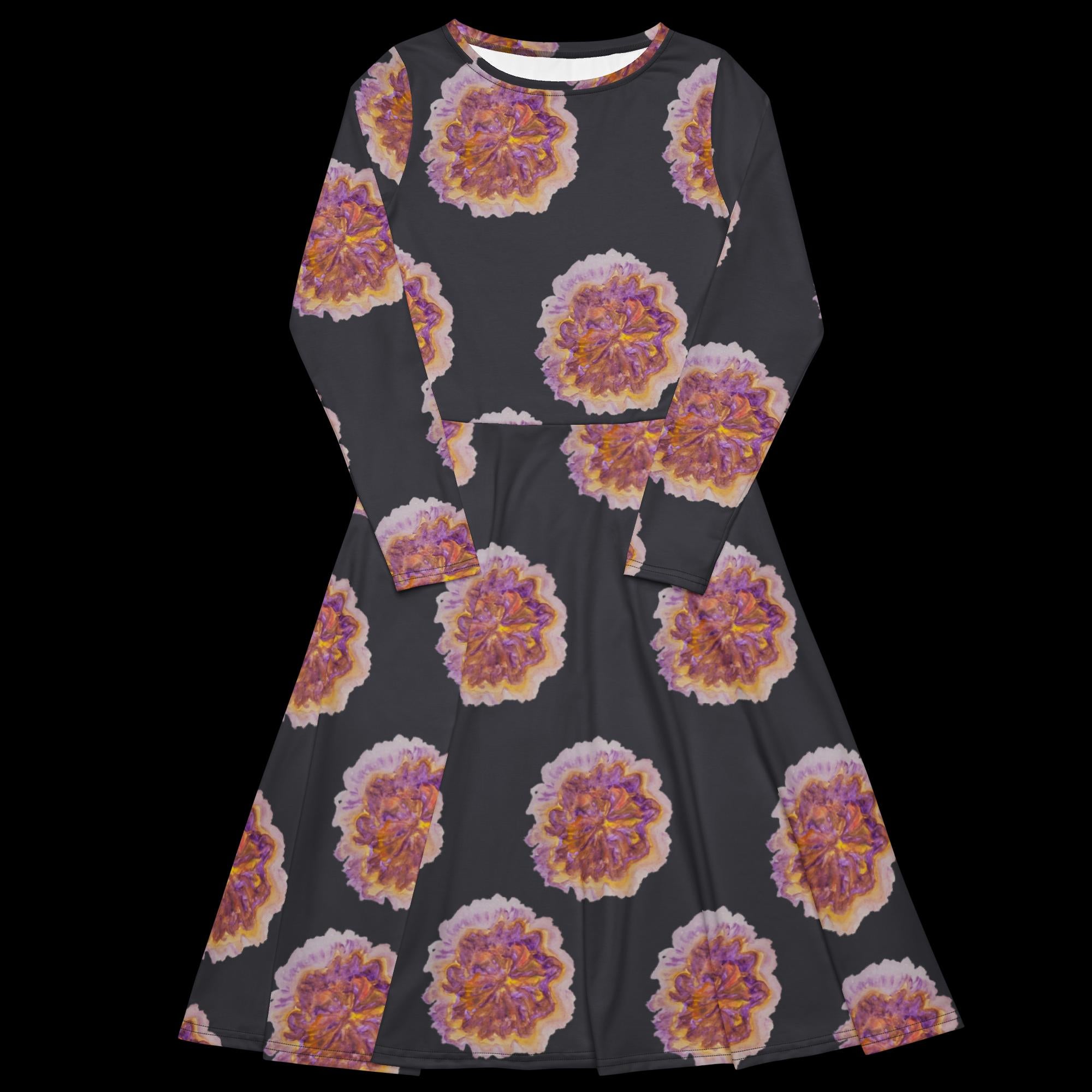All-over print long sleeve midi dress